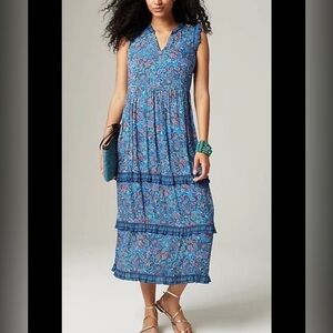 J. Jill Coastal Ruffles Sleeveless Midi Dress Blue Paisley Floral Womens, Size M